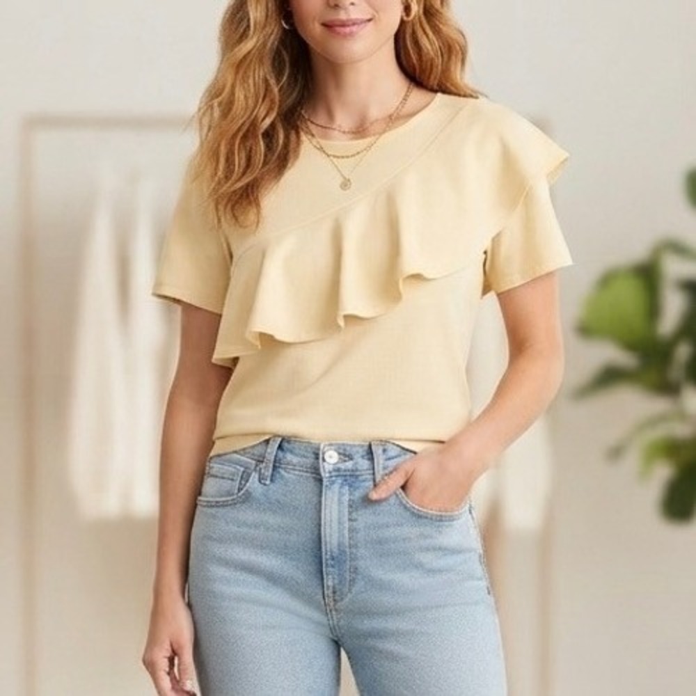 NWOT Ann Taylor Yellow Ruffle Asymmetrical Short Sleeve Knit Top Small Feminine